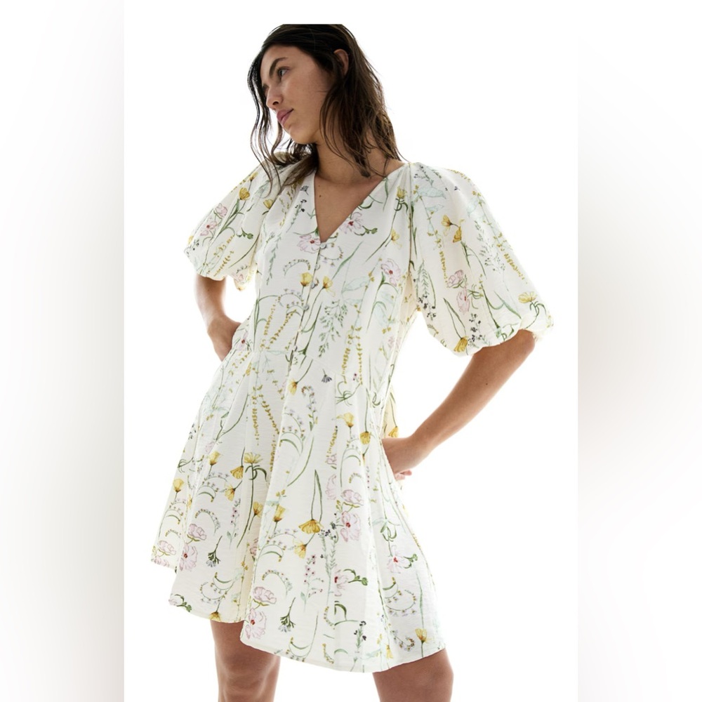 H&M White Floral Mini Dress with Yellow & Pink Accents